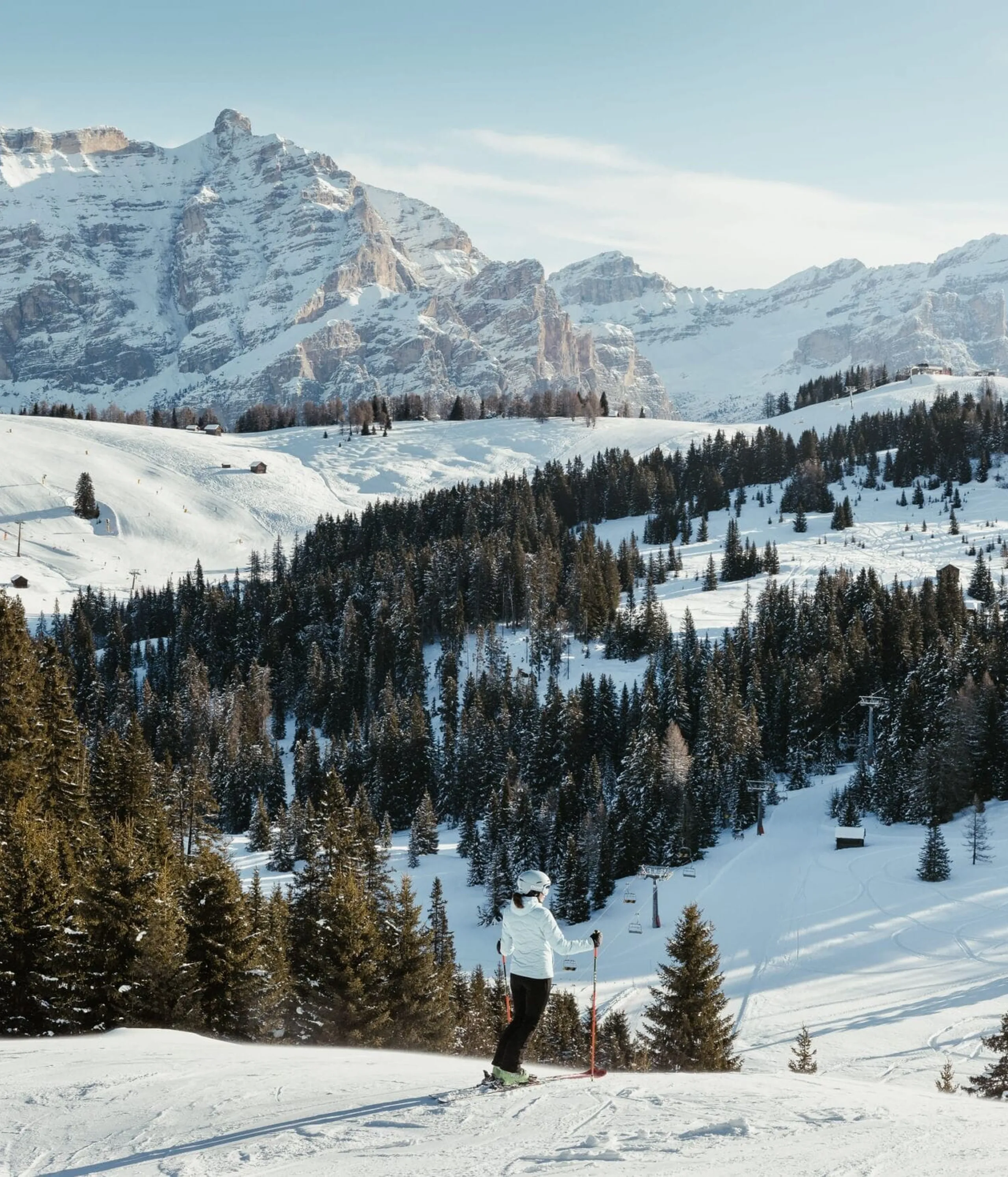Skier in white and black gear on a snow-covered slope with evergreen forest and snowy mountains in the background.