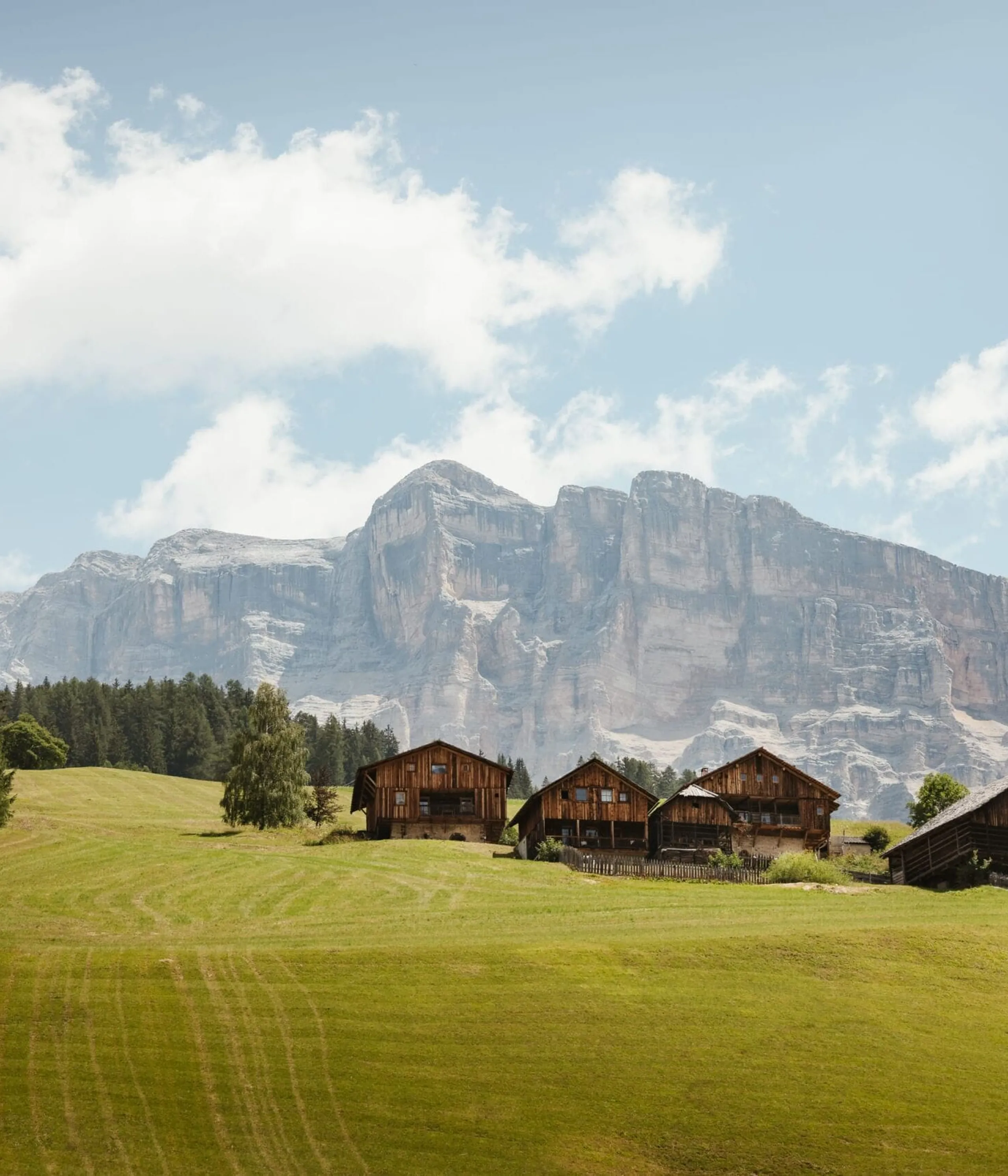 Rolling green hillside with several wooden cabins facing snow-capped mountains under a blue sky with fluffy clouds.