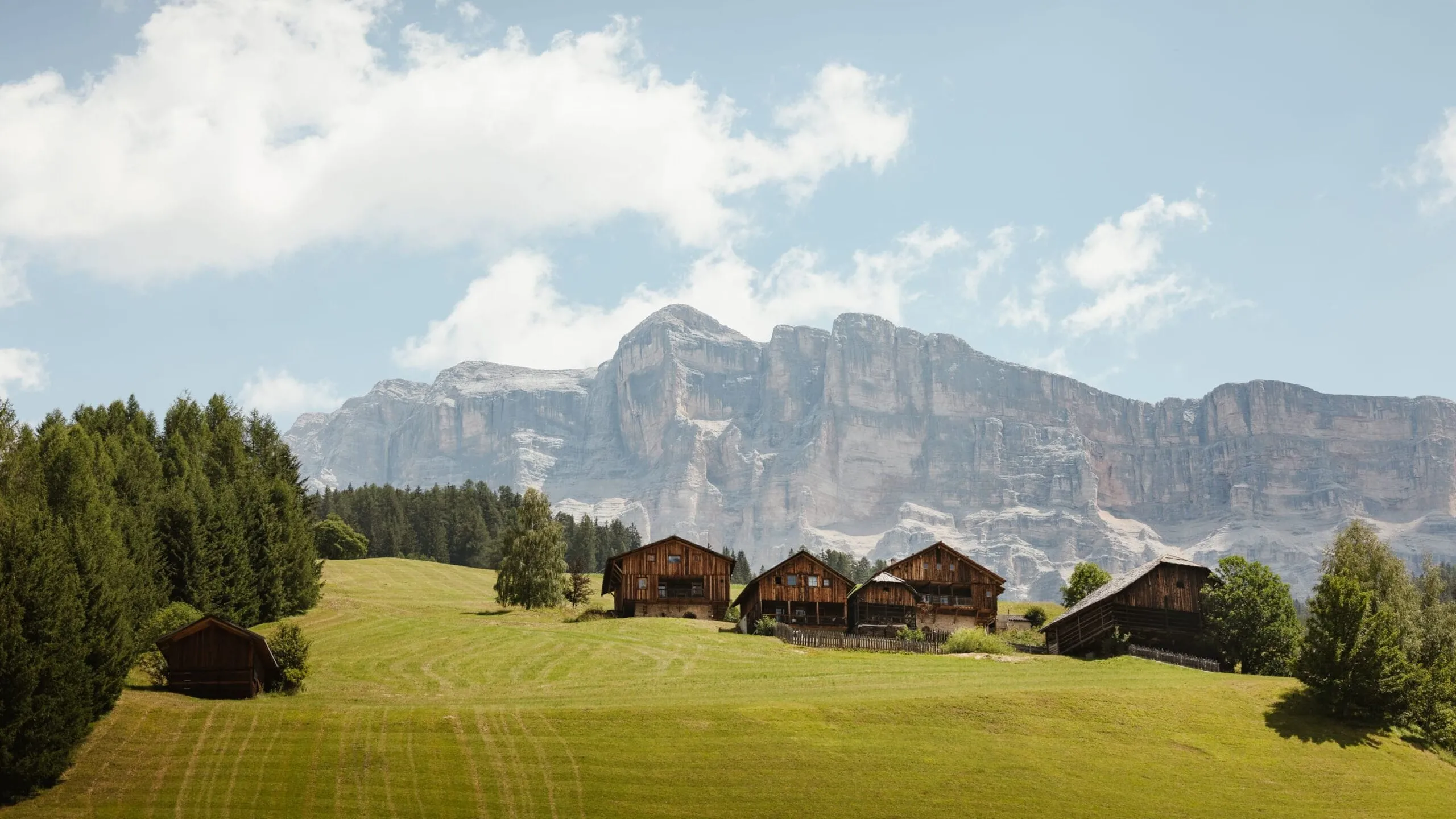 Rolling green hillside with several wooden cabins facing snow-capped mountains under a blue sky with fluffy clouds.