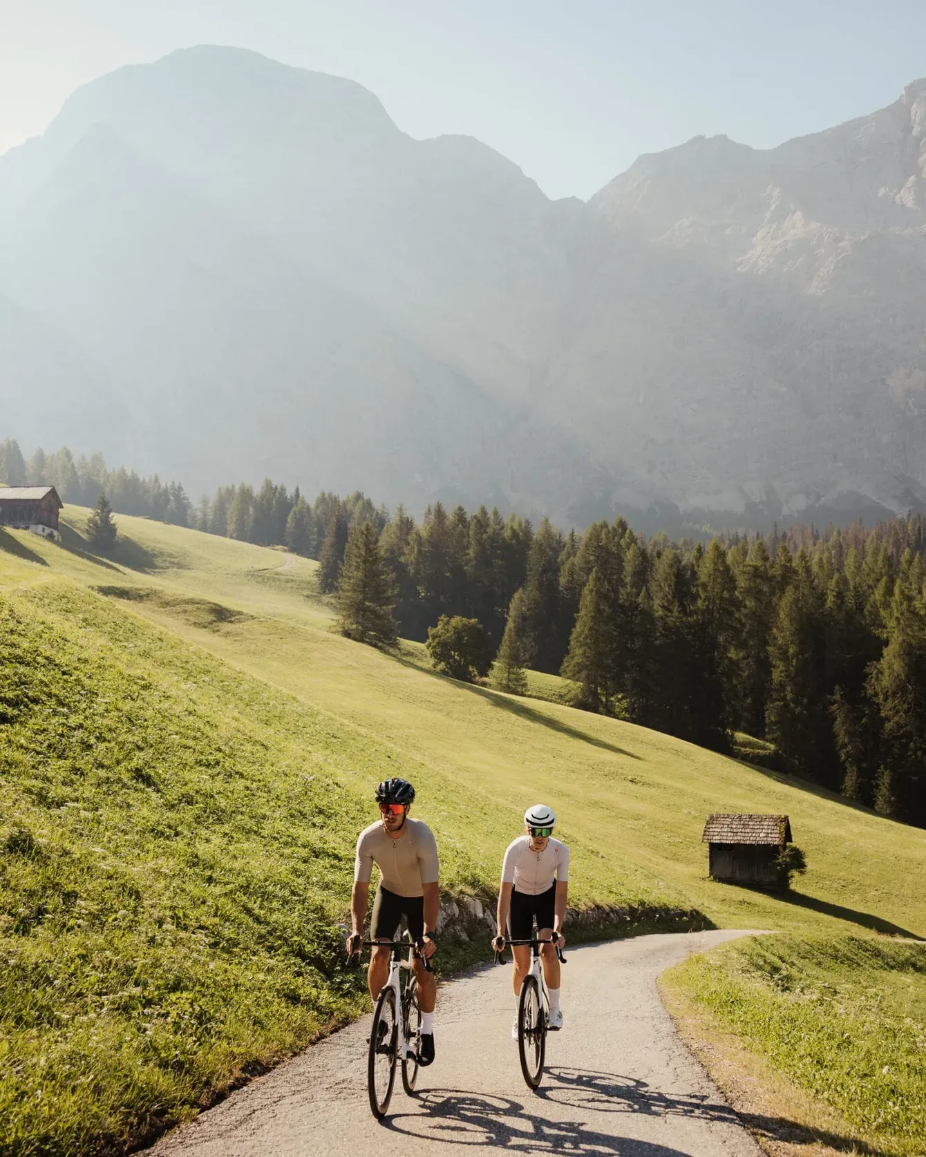 Two cyclists ride along a winding mountain road through a sunny alpine landscape with green fields and pine forests.
